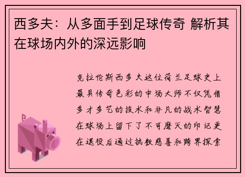 西多夫：从多面手到足球传奇 解析其在球场内外的深远影响