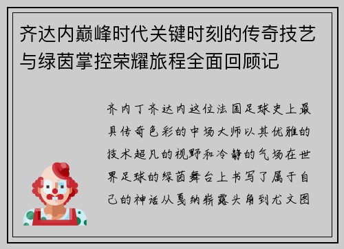 齐达内巅峰时代关键时刻的传奇技艺与绿茵掌控荣耀旅程全面回顾记 齐达内巅峰时代关键时刻的传奇技艺与绿茵掌控荣耀旅程全面回顾记