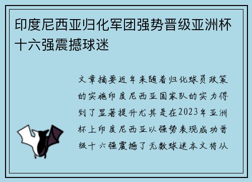 印度尼西亚归化军团强势晋级亚洲杯十六强震撼球迷 印度尼西亚归化军团强势晋级亚洲杯十六强震撼球迷