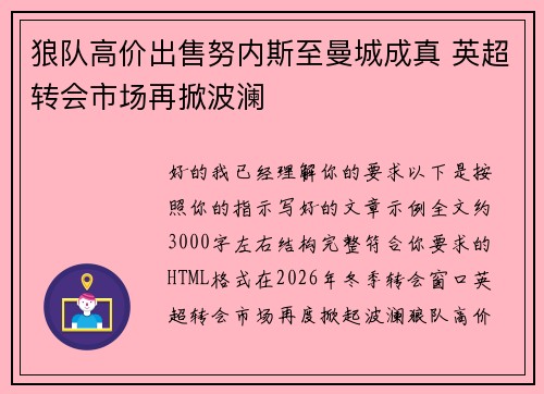 狼队高价出售努内斯至曼城成真 英超转会市场再掀波澜