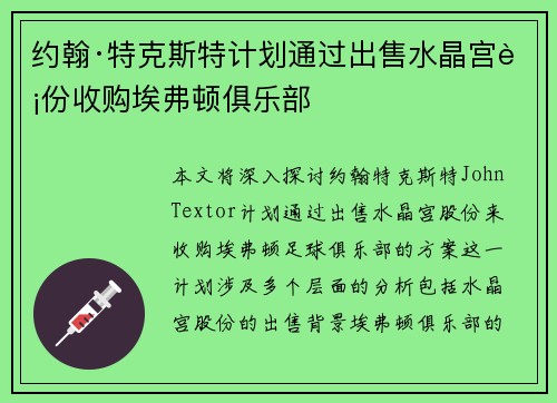 约翰·特克斯特计划通过出售水晶宫股份收购埃弗顿俱乐部